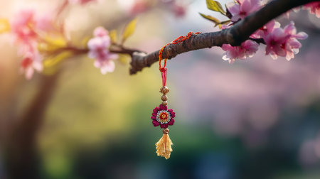 Celebrating raksha bandhan with a festive rakhi hanging on a tree in a vibrant blooming orchardの素材