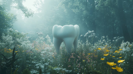 Massive tooth surrounded by wildflowers in a misty forest promotes dental awareness and careの素材