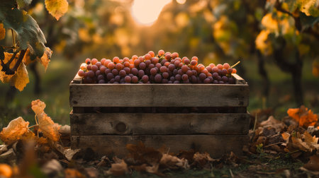 Rustic wooden crate overflowing with grapes in a vineyard during a beautiful sunset harvestの素材