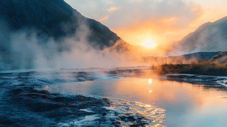 Steam ascending from a lively hot spring at dawn, capturing nature's stunning beautyの素材