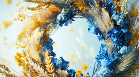 Vibrant floral wreath featuring blue and yellow flowers, wheat, and elegant feathersの素材
