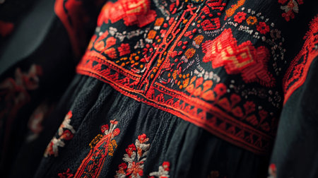 Intricate ukrainian vyshyvanka close up of vibrant red and black embroidery on soft fabricの素材