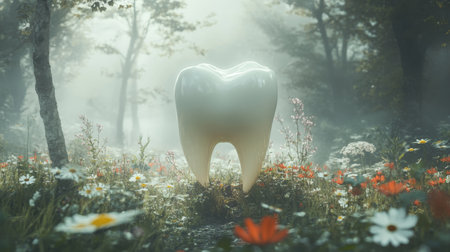 Giant tooth in misty forest with wildflowers, highlighting the importance of dental awarenessの素材