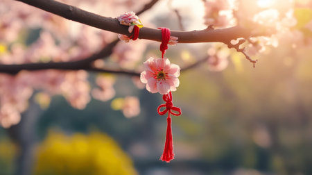 Celebrating raksha bandhan with a festive rakhi adorning a tree in a vibrant blooming orchardの素材