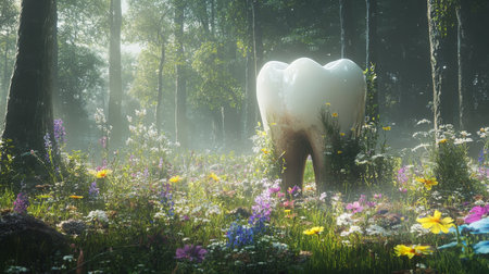 Enormous tooth emerges from misty forest amidst vibrant wildflowers promoting dental awarenessの素材