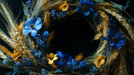 Vibrant floral wreath featuring blue and yellow blossoms with wheat and delicate feathersの素材