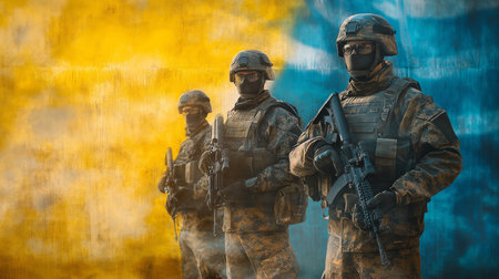 Military soldiers against a Ukrainian background in artistic double exposure with national colorsの素材