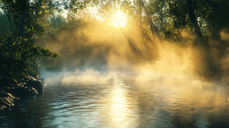 Vibrant hot spring at sunrise a serene display of natural beauty and rising steamの素材