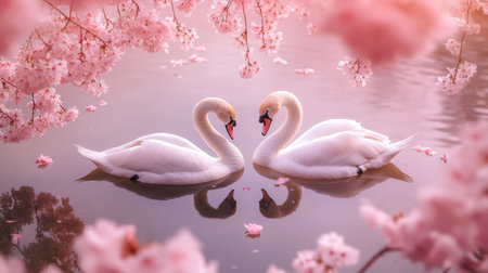 Enchanting swans gracefully glide in heart shaped pond amid cherry blossoms for a wedding themeの素材