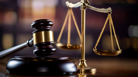 Wooden gavel and golden balance scale on black base for stock market regulatory board symbolismの素材