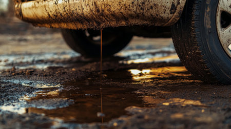Engine oil leak dark spots and dripping stream under rear wheel of parked vehicleの素材