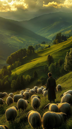 The lord as shepherd a peaceful flock in god s embrace amidst lush fields and rolling hillsの素材