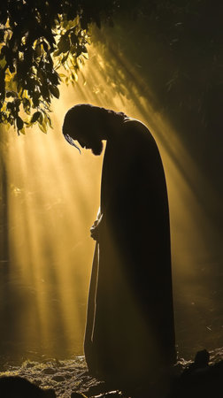 Silhouette of Jesus in deep prayer at gethsemane, reflecting on the impending betrayal moment.の素材