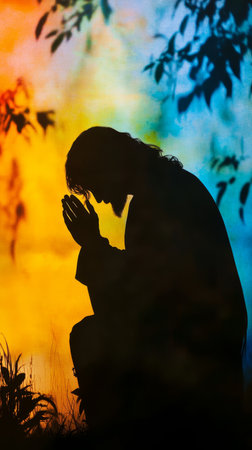 Silhouette of Jesus in deep prayer at gethsemane before his betrayal and crucifixionの素材