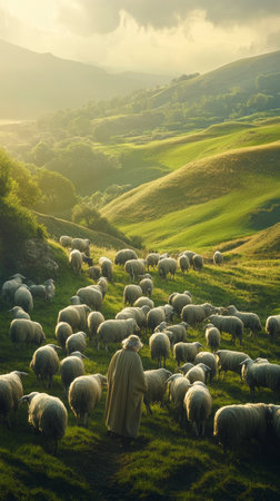 The lord is my shepherd a peaceful flock under god s care in lush fields and hillsの素材