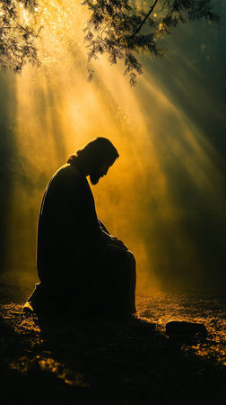 Silhouette of Jesus deep in prayer at gethsemane moments before his betrayal and crucifixionの素材