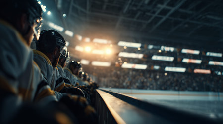 Hockey players waiting on bench during Olympic Games ice hockey match in large arena with crowdの写真素材