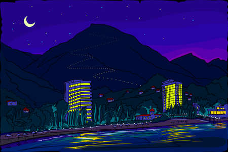 A resort town at the foot of the mountains by the sea. Summer, moonlit starry night. City lights are reflected in the water. View from the sea.のイラスト素材