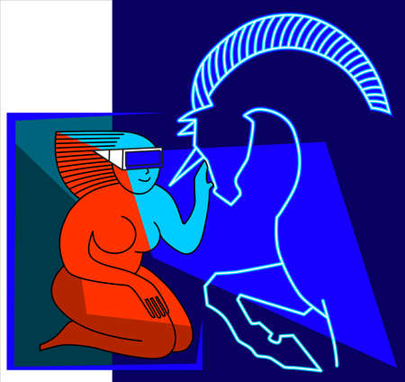 A sitting girl in virtual reality glasses strokes the face of a unicorn in a virtual space. Contrast of blue and red colors. Suprimatic square composition.のイラスト素材