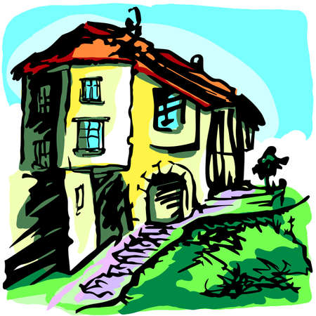 Yellow house on the street of the old city. Color sketch.のイラスト素材