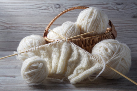 Ball of yarn and knitting on a wooden table