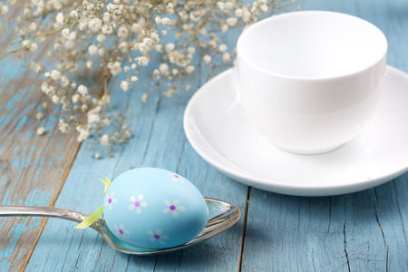 Easter breakfast decoration on wooden backgroundの写真素材