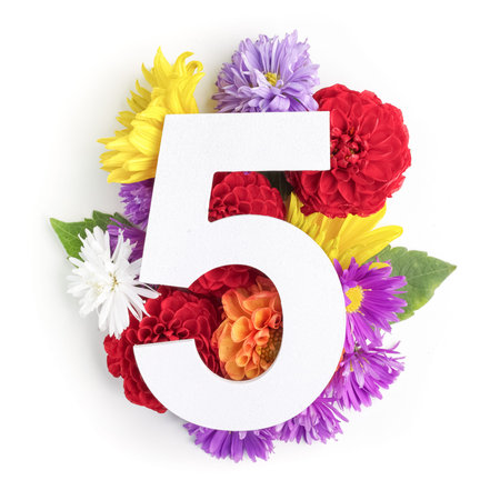 Layout with colorful flowers, leaves and number five. Flat lay. Top view.