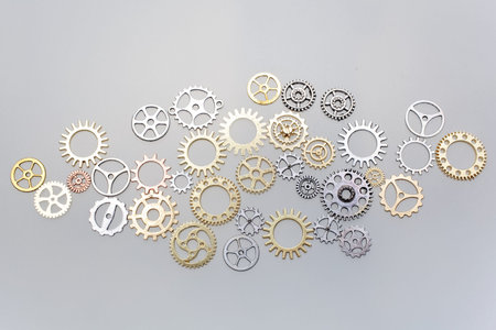 metallic gears background. Closeup of metal cog gears. Decorative.