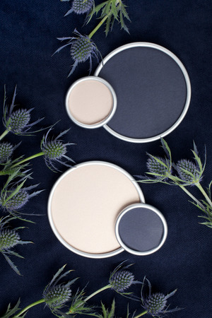 Flowers with a place for designers text on the naive blue fabriの写真素材