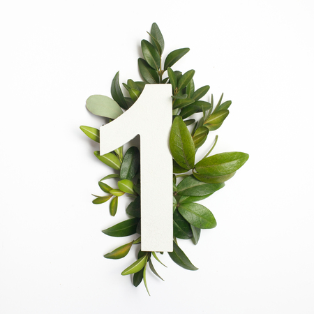 Number one shape with green leaves. Nature concept. Flat lay. Top viewの写真素材
