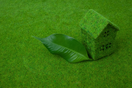 Green small house on green grassの写真素材