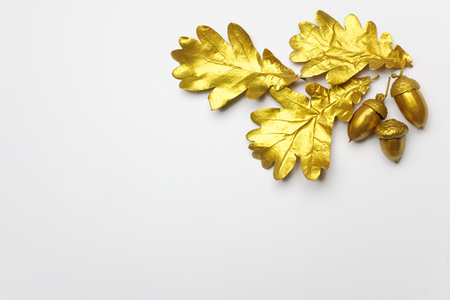 Golden oak leaf and acorn on light grey background. Top viewの写真素材
