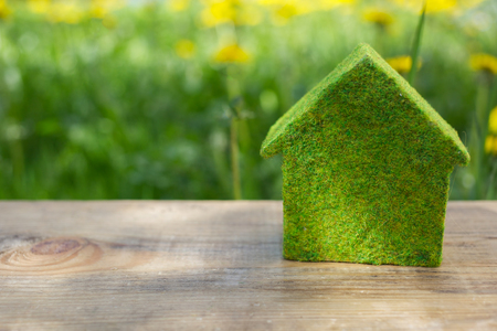 Green model of house as symbol on green backgroundの写真素材