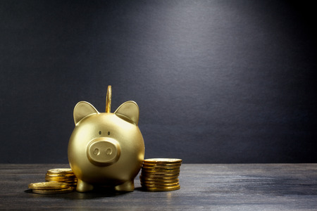 Gold Piggy Bank on the Wooden Tableの写真素材