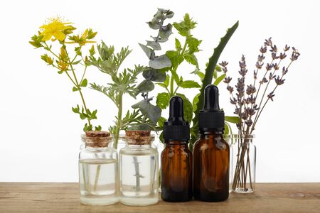 Essential oils with herbs and flowers on wooden tableの写真素材