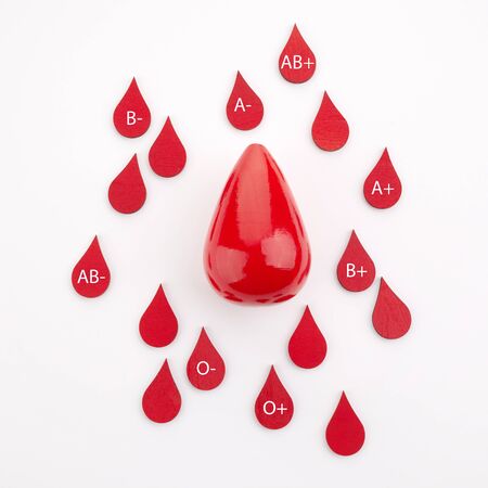 Blood drops with different blood types on white background. Top viewの写真素材