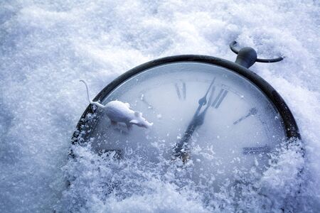 Christmas Time Clock under snow, countdown to midnightの写真素材