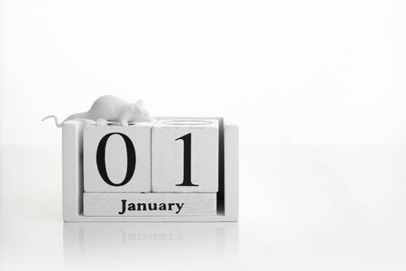 January 1st. Image of wooden calendar on white background. Empty space for text. Happy new years.の写真素材