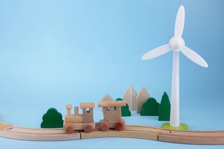 Wooden toys for children on blue background. Eco Toys Backgroundの写真素材