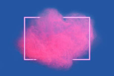 Pink neon powder explosion with gliwing frame on blue background. Colored cloud. Colorful dust...