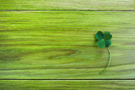 Leave clover on green wooden background. Greeting happy Four leaf clover. Luck concept. Patrick day...