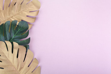 Tropical leaves gold, green on pink background. Tropical palm tree. Abstract modern background. Beach wallpaper.の写真素材