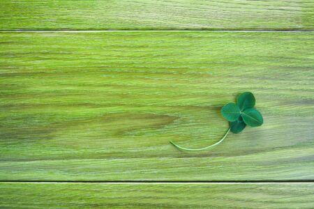 Leave clover on green wooden background. Greeting happy Four leaf clover. Luck concept. Patrick day symbol.の写真素材