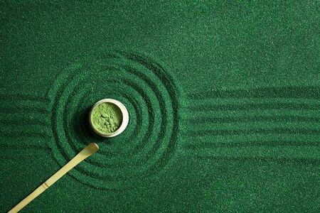 Green matcha powder background. Zen background. Top view.の写真素材
