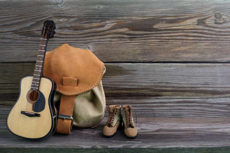 Vintage set for summer camp. Holiday background. Summer vacation concept.の写真素材