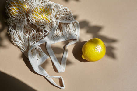 Zero waste bag with lemon. Summer season. Organic fruit. Healthy lifestyle. Zero waste concept.の写真素材