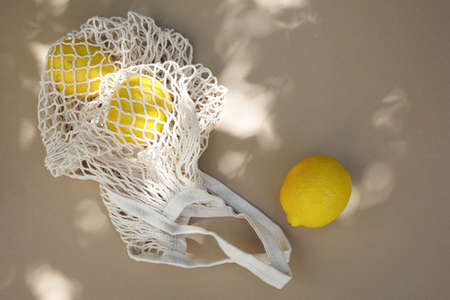 Zero waste bag with lemon. Summer season. Organic fruit. Healthy lifestyle. Zero waste concept.の写真素材
