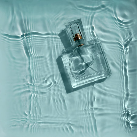 Glass perfume bottle in blue water. Wave flow background.