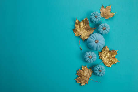 Flat lay autumn composition. Frame made of aqua colour pumpkins and dried golden leaves. Harvest thanksgiving halloweenの写真素材