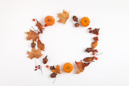 Autumn composition. Round frame from dried leaves and pumpkins on white background. Top view. Flat...
